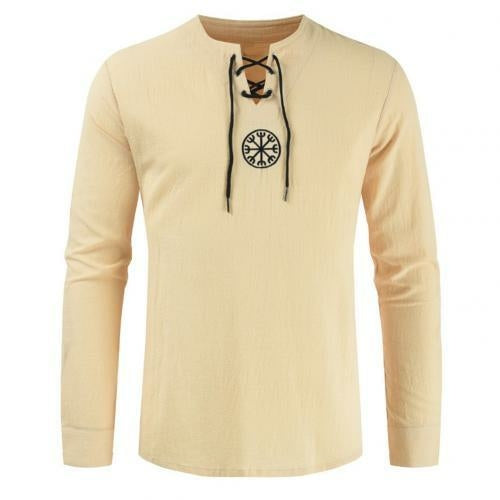 Men Plus Size Shirt Top Ancient Viking Embroidery Lace Up V Neck Long