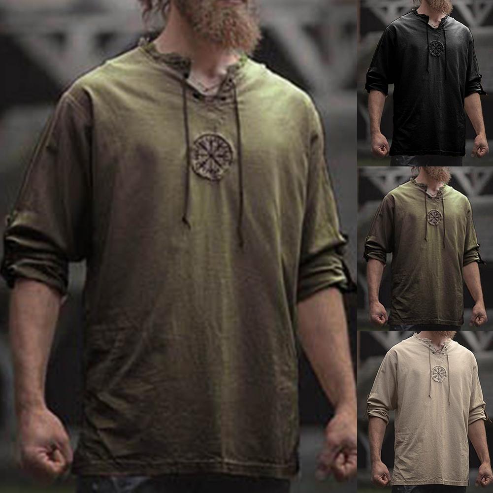 Men Plus Size Shirt Top Ancient Viking Embroidery Lace Up V Neck Long