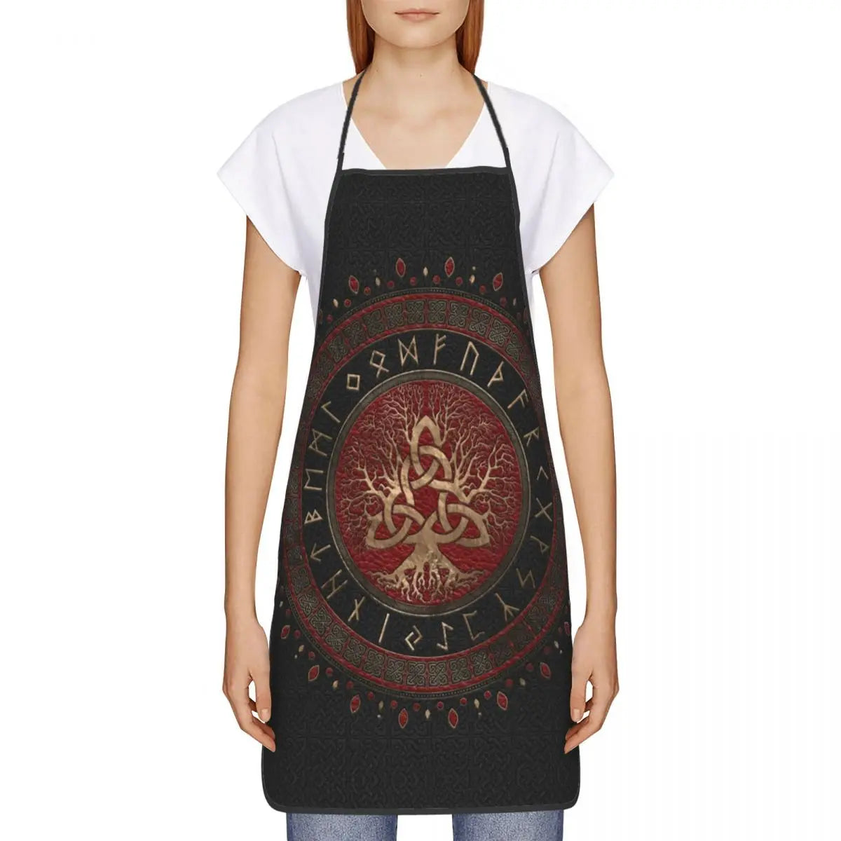 Tree Of Life With Triquetra Black Red Leather And Gold Apron Kitchen