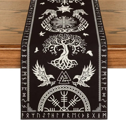 Black Viking Raven Helmet of Awe Linen Table Runner Seasonal Farmhouse