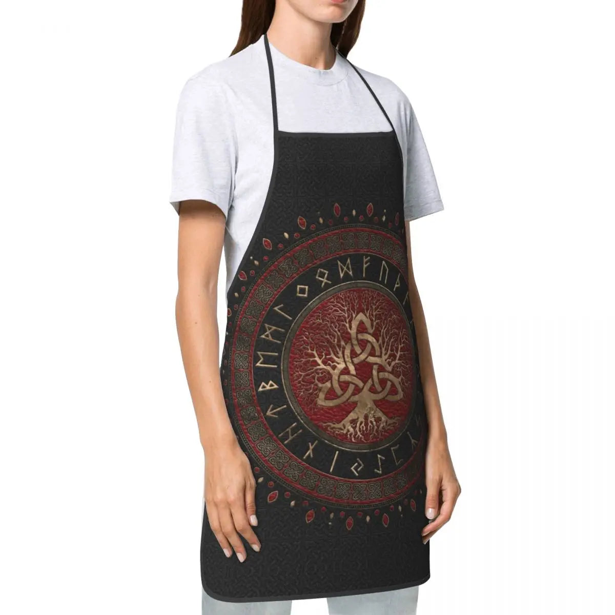 Tree Of Life With Triquetra Black Red Leather And Gold Apron Kitchen