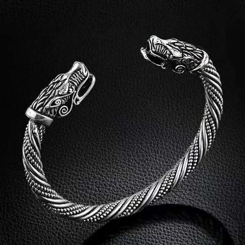 Vintage Twist Design Viking Double Headed Wolf Bracelet Opening