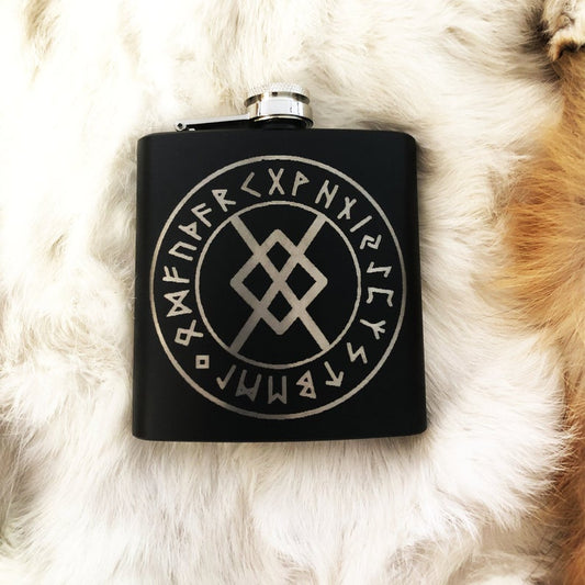 Black Flask 8oz Stainless Steel. Norse Nordic Flask Laser Engraved